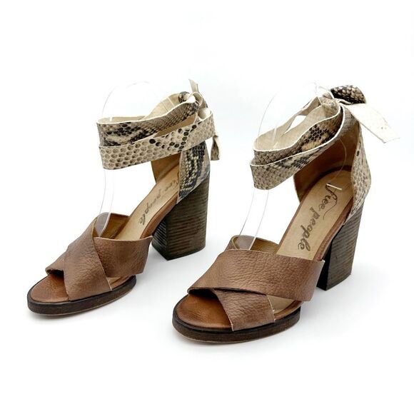 FREE PEOPLE Sancerre Platform Heels Size 38 Sandal Ankle Wrap Python Snakeskin - Picture 1 of 14